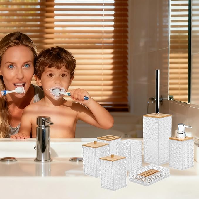 Bathroom Accessory Set,7 Pcs White Bathroom Set Include Soap Dispenser, Qtip Holder Dispenser, Soap Dish,Toilet Brush,Toothbrush Holder & Mouthwash Cup.Boho Bathroom Set