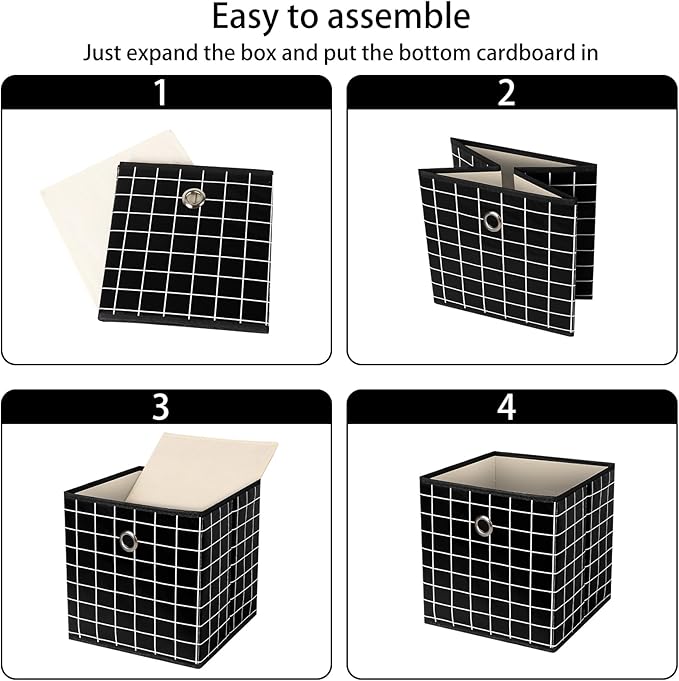 Foldable Storage Cubes Bins,11 Inch Cloth Storage Cube Fabric Storage Box Cubes Organizer Baskets with Dual Handles for Home Organizer Set of 3 (Black grid)