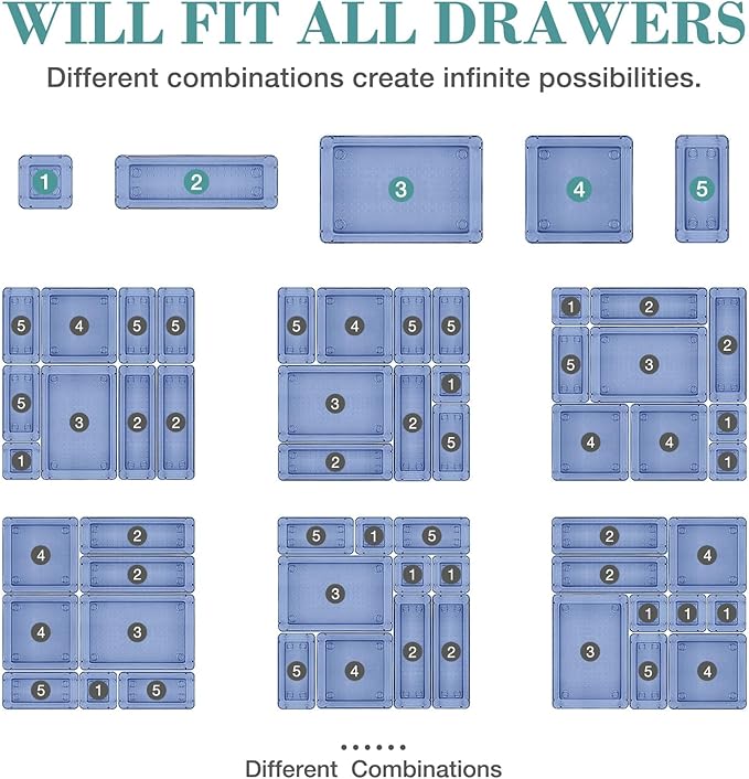 13 PCS Drawer Organizer Set, 5 Varied Size Bathroom and kitchen Drawer cabinet organizer Trays, Clear Storage Bins for Makeup, Jewelry, Utensils and Gadgets, Dark Blue