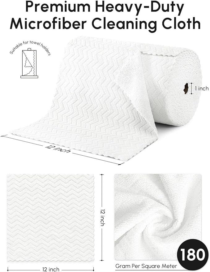 Microfiber Cleaning Cloths Roll, 75 Pack Tear Away Microfiber Towels Roll, 12" x 12" Lint Free Rags, Reusable Cleaning Cloths, Washable, Scratch Free,Ultra Absorbent Dish Rags(White Ripple)