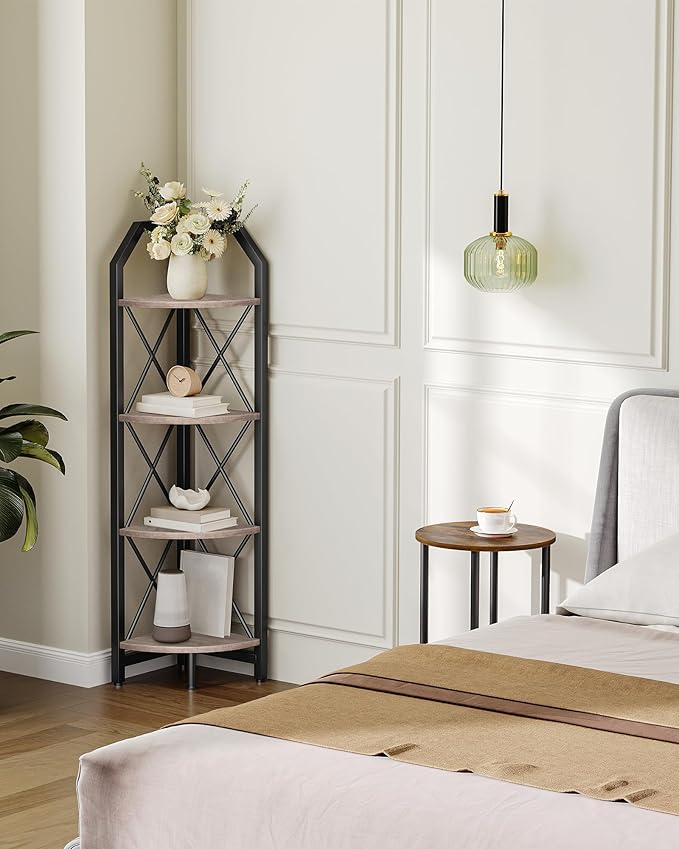 4-Tier Corner Shelf, Industrial Corner Bookshelf, 47.6" Corner Storage Stand, Plant Stand Display Shelf, Corner Bookcase for Bedroom, Living Room, Home Office, Greige and Black TCJ09BG