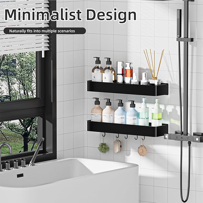 Adhesive Shower Caddy,Rustproof Shower Shelve with Large Capacity,Quick-Dry Metal Bathroom Shelves with 5 Hooks, 2 Pack Drill-Free Durable Shower Organizers and Storage, Black