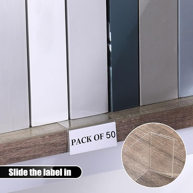 Containlol 50 Pcs Moveable Shelf Label Holders, Clear Bookshelf Label Library Shelf Markers Bookshelf Divider Tags for Library Office Classroom Home(2 x 1 Inch)