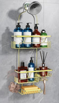 Golden Stainless Steel Shower Caddy Hanging with 2-Tier Baskets, Soap Holder & Razor Holder - Non-Slip Rubber Pads for 0.82" Shower Heads, Enhanced Stability & Elegant V-Smile Design