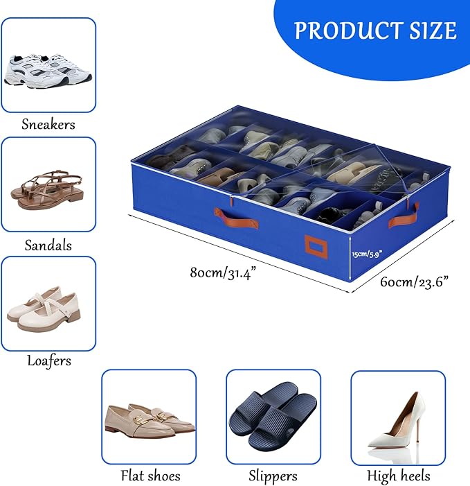homyfort Under Bed Shoe Storage Organizer, Underbed Shoes Storage Containers, set of 2, fits up to 32 Pairs of Shoes (Blue)