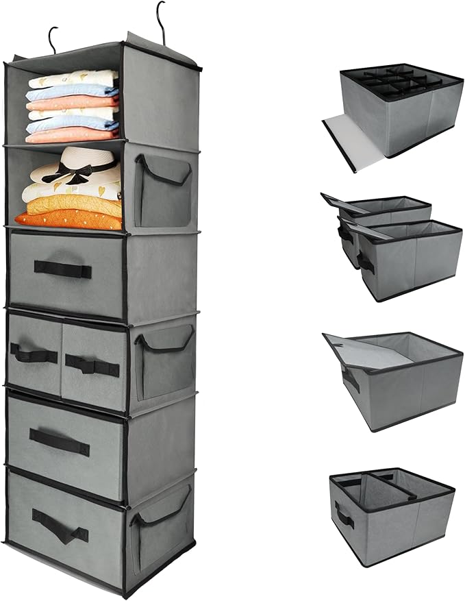 Durable 6-Tier hanging closet organizer with 5 Drawers & 3 Side Pocket,Thickened Fabric Hanging Shelves Holder with Sturdy Hook,Space-saving Storage Organization for Bedroom,Dorm,Guestroom,RV,Bathroom