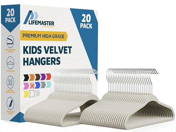Ivory Velvet Kids Hangers 20 Pack, 10.83" Non-Slip Baby & Toddler Hangers for Clothes, Space-Saving Slim ABS Plastic with 360° Swivel Hook & Notched Shoulders, Up to 10 lb Capacity