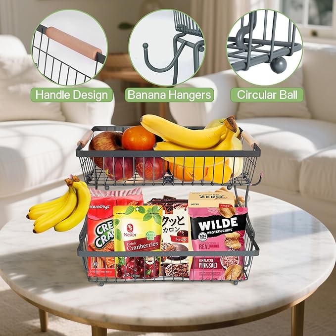 Fruit Basket Bowl 2 Tier Detachable with 2 Banana Hangers, Fruit Stand Holder for Kitchen Countertop, Metal Wire Vegetable Storage Organizer, for Bread Snack Veggies Produce, gray