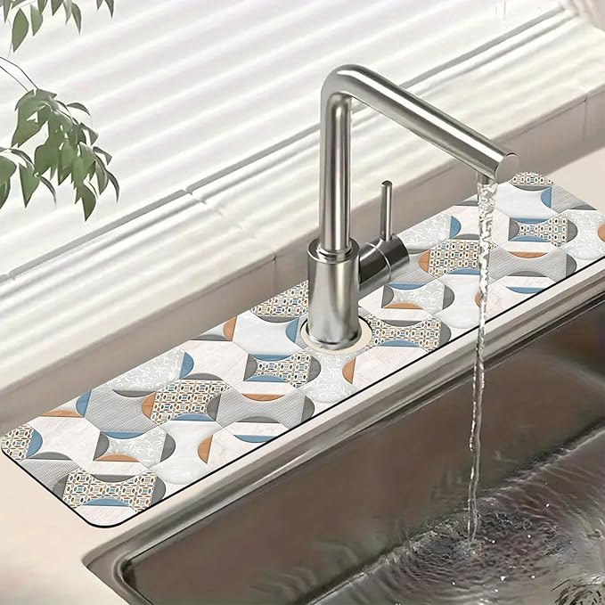 Ceramic Wall Tiles Kitchen Sink Splash Guard Faucet Mat Moroccan Graphics Super Absorbent Fast Drying Mat Sink Splash Guard Behind Faucet for Kitchen Bathroom, 23.5"x5.5"