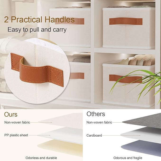 Storage Bins, Fabric Foldable Baskets for Shelves, Collapsible Storage Box Containers with Double Handles, Beige, 15 x 6 x 5 Inch, 3-Pack