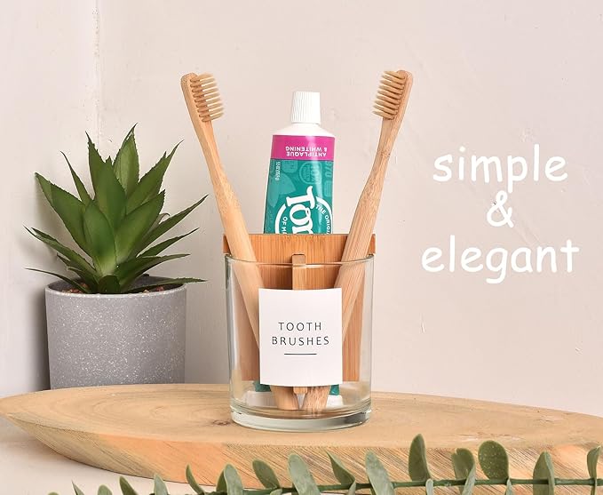 Glass Toothbrush and Toothpaste Holder with Bamboo Divider for Bathroom Countertop, Toothbrush Organizer Stand for Bathroom Vanity Countertops - 1 Pack