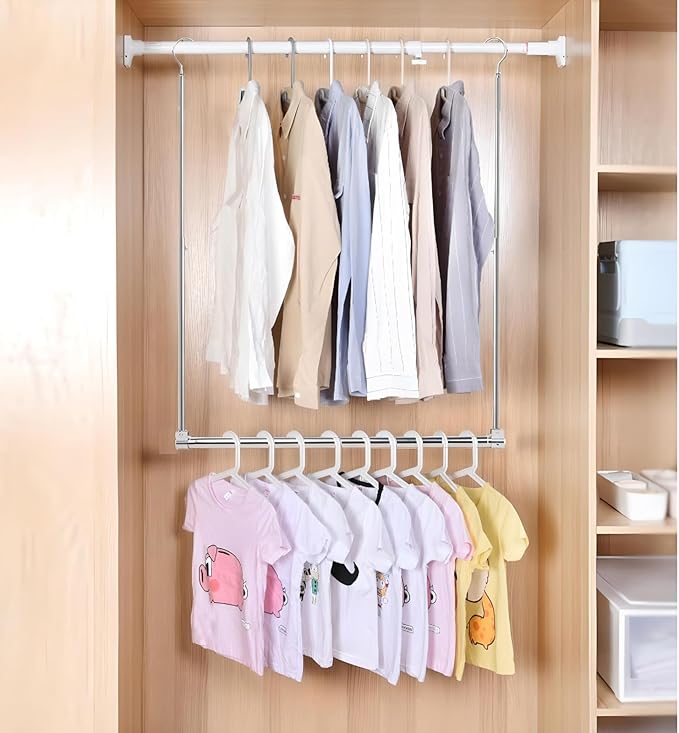 Adjustable Hanging Closet Rod, Extender Hanging Rod, Closet Hanging Organizer, Heavy Duty Closet Bar, Hanging Rod (1 Pack, Chrome)