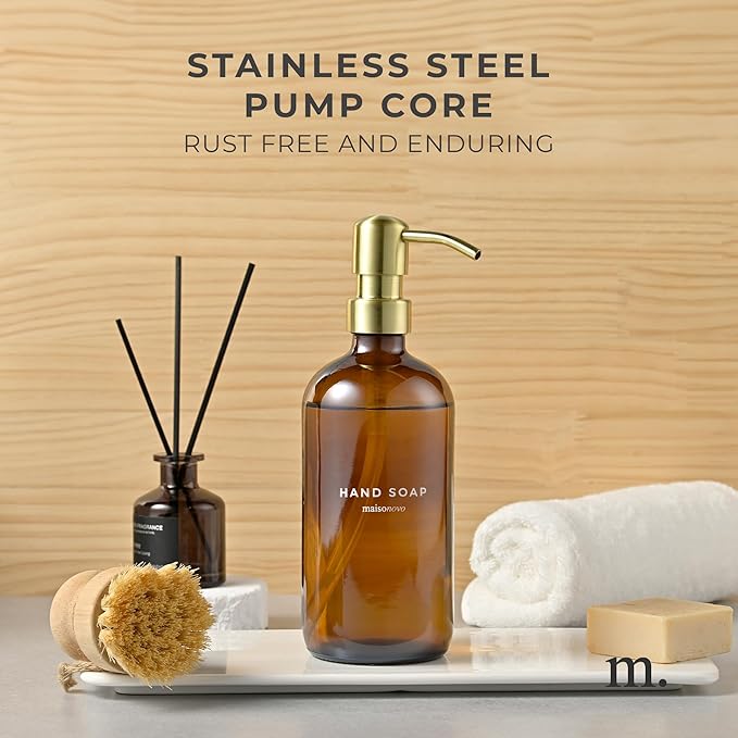 MaisoNovo Soap Dispenser 1-Piece Set | 16.9oz Amber Bottles with Gold Stainless Steel Pump Core