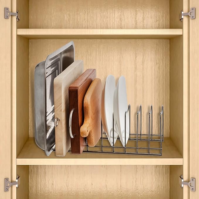 Pot Lid Organizer, Stainless Steel Pot Lid Storage Rack Holder, Cutting Board, Bakeware, Pots & Pans, Serving Trays, Reusable Containers in Cabinet Pantry on Countertop(Satin Nickel, 2)