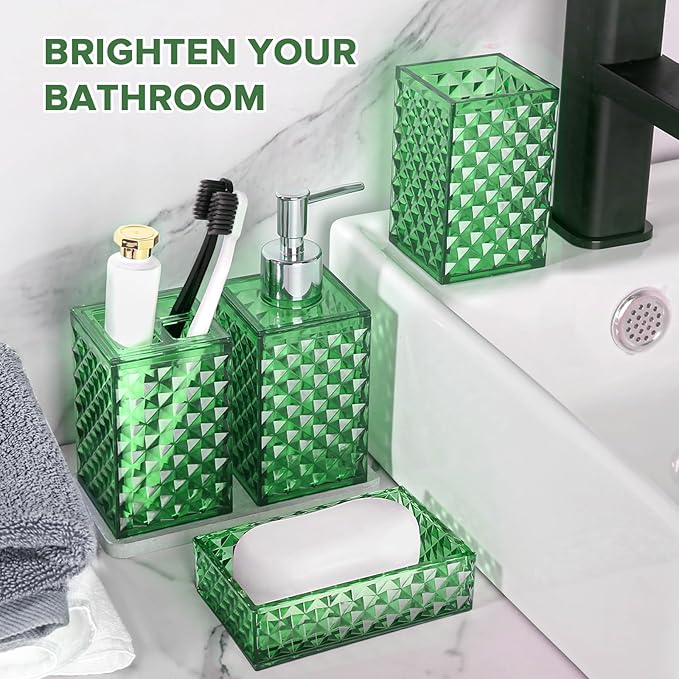 Green Bathroom Accessories Set, 4 Pack Green Bath Accessory Sets Complete, Acrylic Soap Dispenser and Toothbrush Holder Set for Bathroom Counter Sink, Modern Bathroom Decor
