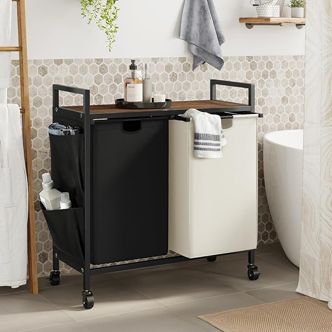 WOWLIVE Double Laundry Hamper with Lid,Rolling Laundry Basket Organizer with Wheels, Iron-Made Laundry Sorter with Top Shelf and 2 Removable Bags,Large Clothes Storage for Room,Black and Beige