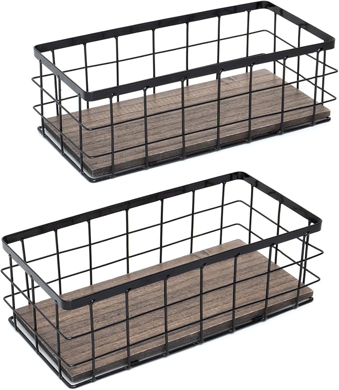 ROSE BLOOM Small Metal Wire Storage Basket, Decorative Wood Base Organizer Bins for Bathroom, Kitchen, Laundry Room, Pantry, Basket for Toilet Paper, Fruits, Spices (2 Pack)