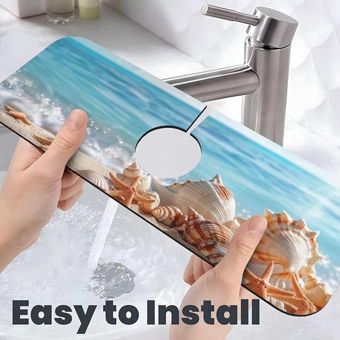 Faucet Draining Mat For Kitchen Sink, Beach Seashells Starfish Diatom Mud Absorbent Drain Pad For Bathroom Kitchen Sink Splash Guard Drying Mat