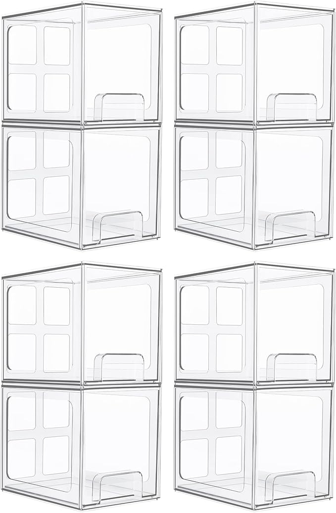 Vtopmart 8 Pack Stackable Under Sink Organizer Drawers, Clear Acrylic Storage Bins for Kitchen and Bathroom Cabinets, Baby Bottles, Cleaning Supplies, 6.6'' Tall Space-Saving Drawer System
