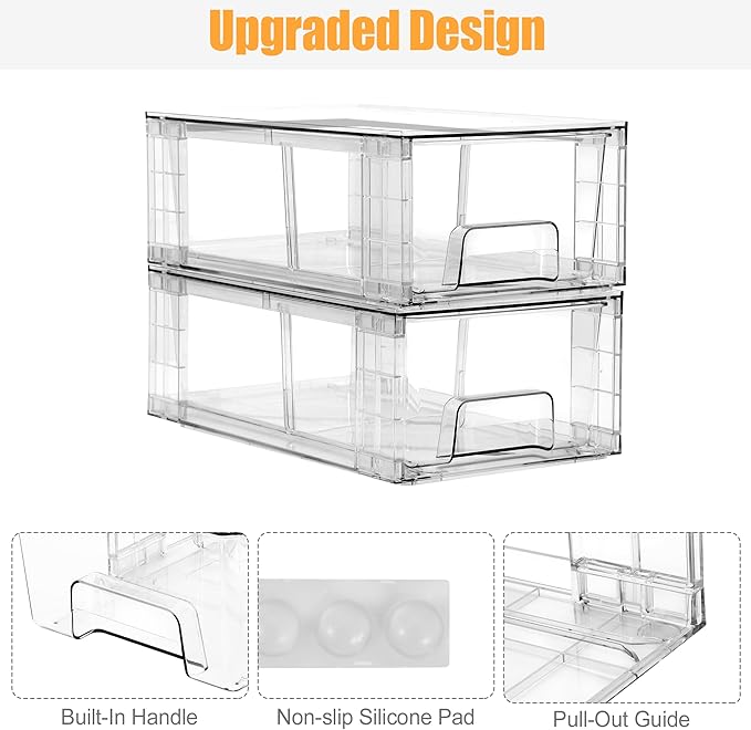 4 Pack Stackable Storage Drawers,Plastic Organizers Bins, Drawers Storage with Handles and Movable Dividers for Organization and Storage in Fridge,Bathroom, Pantry, Kitchen Cabinets, Under Sink