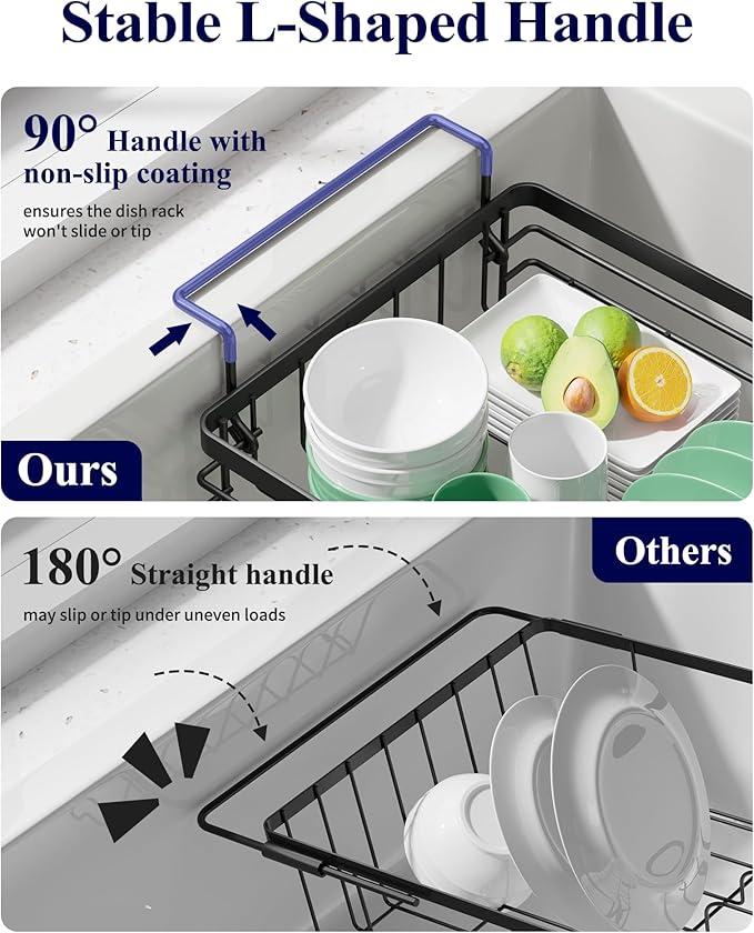 Kitsure Dish Drying Rack – Expandable in-Sink or Over-Sink Dish Rack for Kitchen Counter, Rust-Resistant Metal Dish Strainer with Cutlery Holder, 10.82"-17.12" L x 11.02" W x 3.93" H, Black