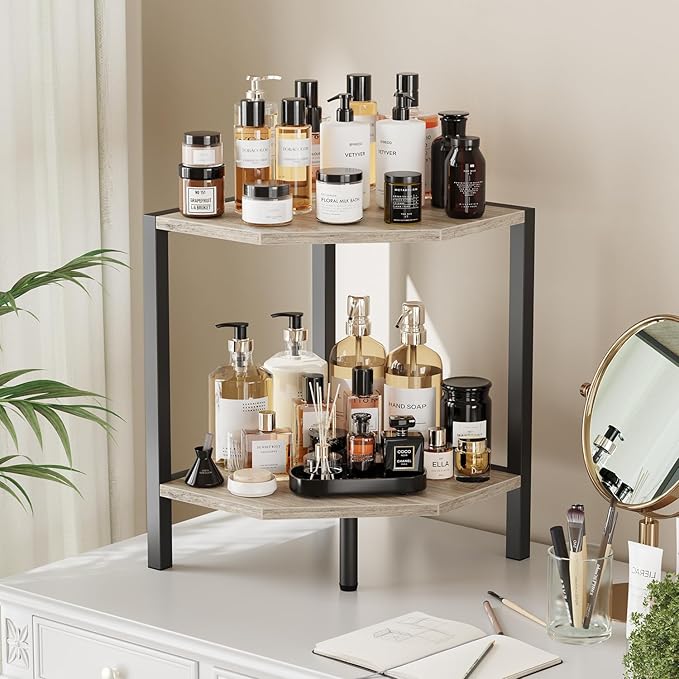 Corner Shelf Stand, 2 Tier Industrial Corner Bookshelf, Multipurpose Standing Corner Display Shelf Countertop Organizer for Living Room Kitchen Bedroom Office, Greige