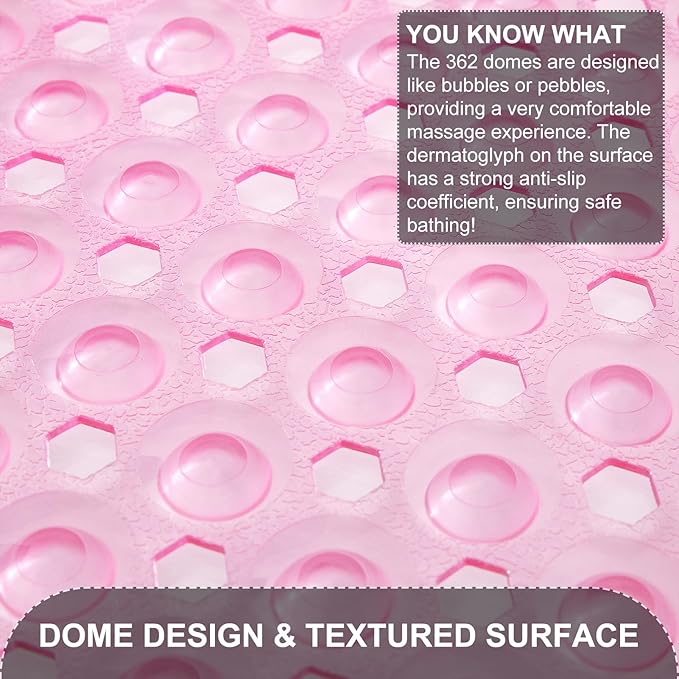 Bath Tub and Shower Mats, Non Slip 40 x 16 Inch Extra Large Bathtub Mat, Machine Washable Bathmat with Drain Holes, Suction Cups for Bathroom Floor, Clear Pink