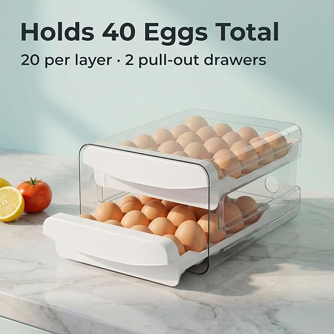 Zagtag® Egg Holder for Fridge, 2-Tier Stackable 40 Eggs Organizer Drawer for Refrigerator, Space-Saving Egg Container, Clear Plastic Egg Tray for Kitchen Storage