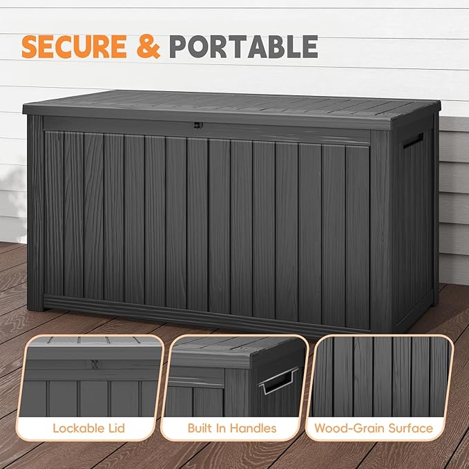Outdoor Storage Box, 200 Gallon Waterproof Resin Deck Box, Storage Bin for Package Delivery, Patio Furniture Cushion, Garden Tools, Pool Accessories, Weatherproof and UV Resistant, Black