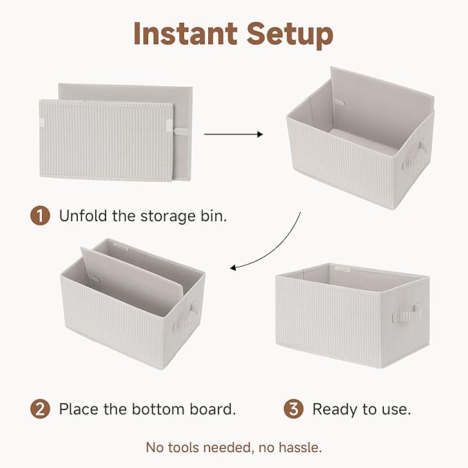 StorageWorks Foldable Shelf Organizer Bins, Closet Storage Baskets for Clothes, Fabric Storage Bins for Shelves, Beige Stripes, 3-Pack, Large