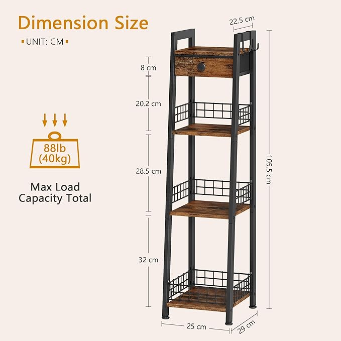 4-Tier Narrow Ladder Shelf with Drawer, Bathroom Table Stand for Small Space, Narrow Bathroom Standing Shelves with Storage for Living Room Bedroom Kitchen, Organizer Shelf, Rustic Brown