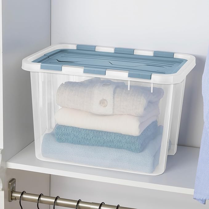 Sterilite 12 Pack Hinged Lid Storage Box, 30 Qt Plastic Container, Washed Blue - Home Organizer Tote for Storing Shoes, Crafts, Clothing, or Decor