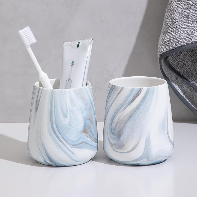 2Pcs Toothbrush Holder for Bathroom - Marble Blue Ceramic Tooth Brushing Holders Set, Toothbrush Cup & Toothpaste Organizer for Bathroom Countertop, Makeup Brush Holder, Pen Holder for Home Storage
