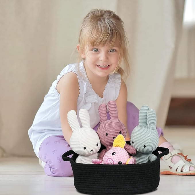 Woven Cotton Rope Storage Basket with Handles for Organizing Shelves Closet Small Cat Dog Pet Toy Basket Box Bin Decorative Rectangle Baby Nursery baskets Gift Baskets Empty Black