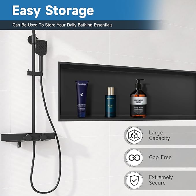 BATHFINESSE Shower Niche Insert Tile Ready, Bathroom Livingroom Wall Niche, Long Shower Niche 37" X 13", Black, No Tile Needed Over Mount Installation