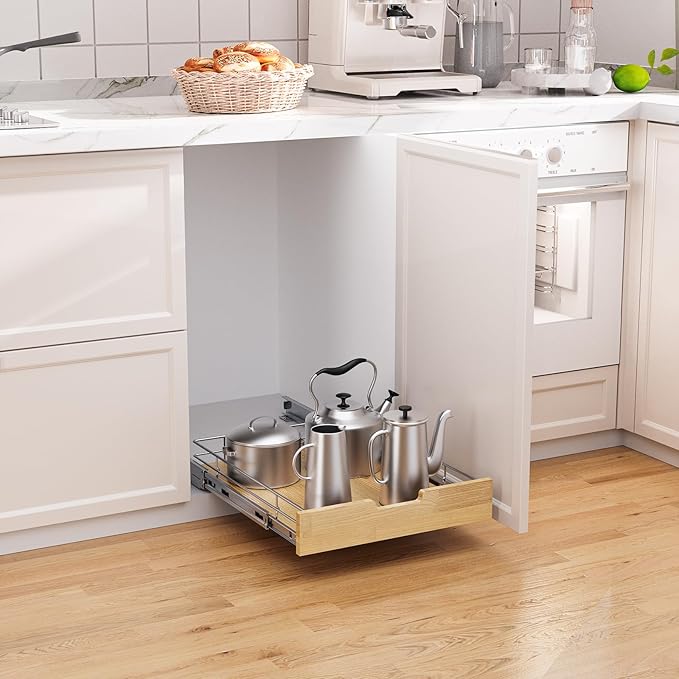 Sikarou Pull Out Cabinet Organizer,Heavy-Duty Slide Out Shelf, Wood And Wire Basket, Pull Out Drawer for for Kitchen Under Sink Space, Pantry, Bathroom (26 * 21 WM)