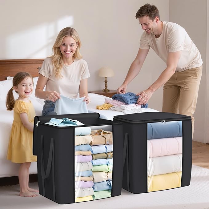 120L Extra Large Clothes Storage Bags, Foldable Blanket Storage and Organization, Thick Fabric Containers with Reinforced Handles & Zippers for Clothing, Comforters, Bedding, Black, 2 Pack