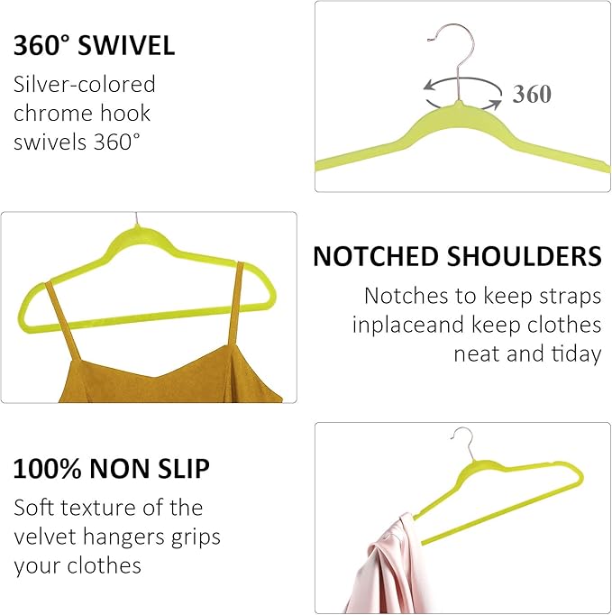 VECELO Premium Velvet Clothes Hangers Suit Heavy Duty (60 Pack)-Non Slip & Space-Saving with 8 Finger Clips & Tie Rack Excellent for Men and Women,Yellow