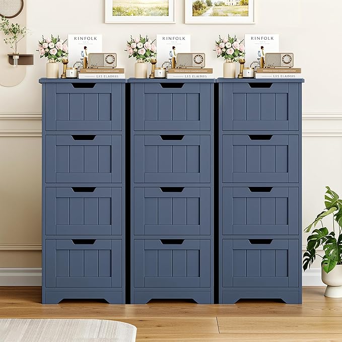 FOTOSOK Bathroom Storage Cabinet, Bathroom Cabinet with 4 Drawers, 11.8” x 11.8” x 32.5” Freestanding Entryway Cupboard Storage Organizer Unit Home Furniture Decor, Blue