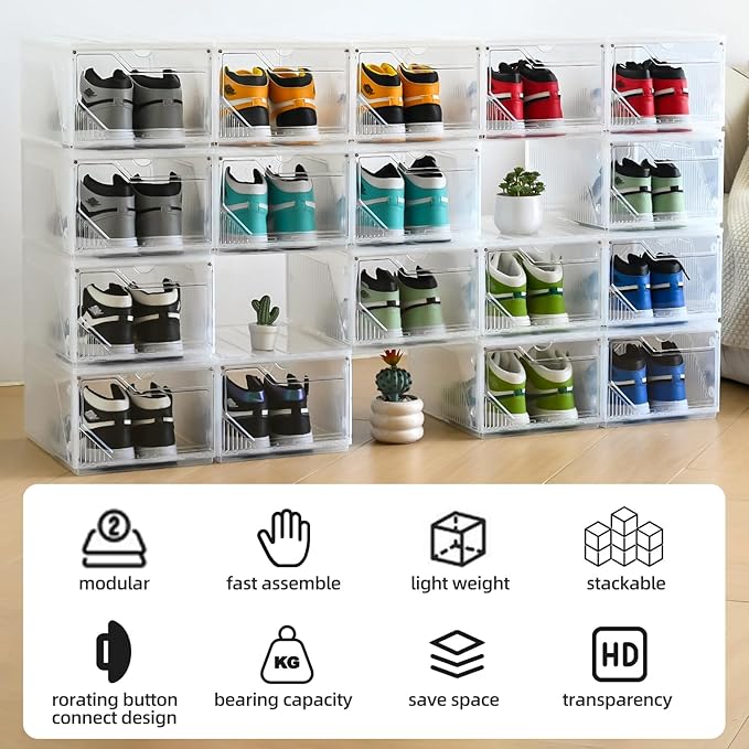 Large Shoe Boxes Clear Plastic Stackable，Drop Front Shoe Box with Clear Door, Shoe Containers For Sneaker Display,Fit up to US Size12 (white clear-Conjoined structure, 10 pack)