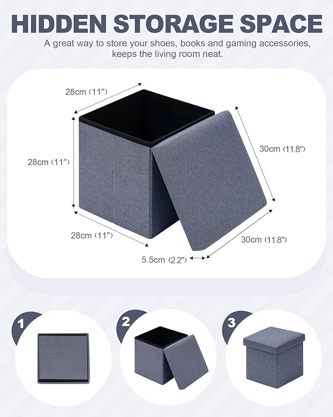 B FSOBEIIALEO Storage Ottoman Cube, Linen Small Foot Seat, for Living Room, Bedroom, Home Office, Dorm Storage Footrest Blue 11.8"x11.8"x11.8"