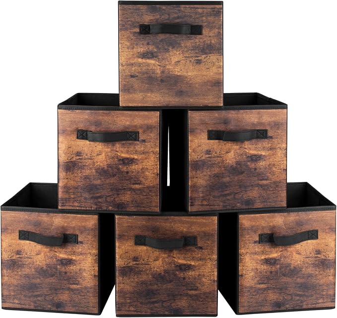 EWES 13 Inch Fabric Storage Cubes, 6 Pack Foldable Storage Bins with Handle, Storage Baskets Box for Shelves, Closet, Organizer, Brown Black