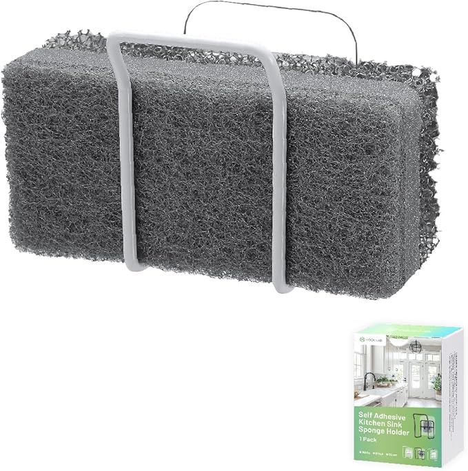Hook LAB Reusable Sponge Holder for Kitchen Sink & Bathroom Organizer, Mountable Rack for Sponges, Scrubbers, Soaps and Brushes - White