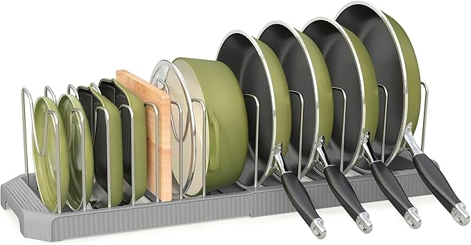 Pots and Pans Organizer for under Cabinet, Pan Pot Organizers inside Cabinet, Expandable Organizer with 12 Adjustable Dividers for Cookie Sheets, Cutting Boards, Pot Lids, Cookware - Pan Rack, Grey