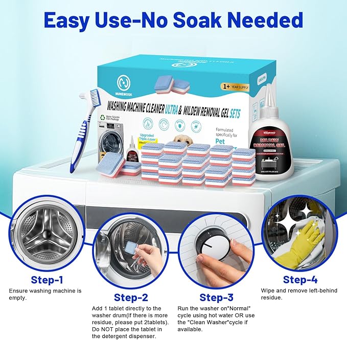 Nunemosk Washing Machine Cleaner Tablets Ultra - Designed for Pet Owners, Removes Residue, Grime & Odors, with Mold Cleaning Gel&Brush, Compatible with HE, Top&Front Load, 30 Tablets-12+ Month Supply