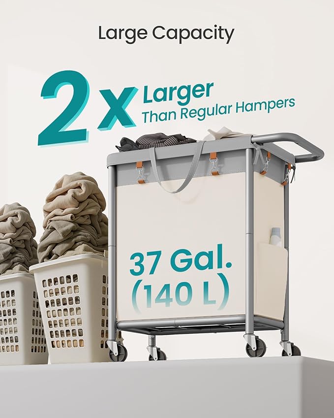 SONGMICS Laundry Basket with Wheels, 2-Section Rolling Laundry Hamper, 37 Gallons (140 L), Removable Liner, Steel Frame with Handle, 27.2 x 15.4 x 31.9 Inches, Dove Gray and Cream White URLS004GD02