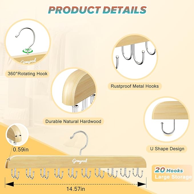 Bra Hanger for Closet, Tank Top Hanger w/20 Hooks Capacity Foldable Wood Space Saving Hangers, 360°Rotating Closet Organizers and Storage for Dorm & Apartment for Bra Scarf Ties(1 Pack)