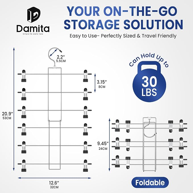 DAMITA Skirt Pants Hangers with Clips Space Saving Hanging Closet Organizer 6 Tiers Hanger with 360° Swivel Hook, Finger-Safe Design- College Dorm Room Apartment Essentials 3-Pack