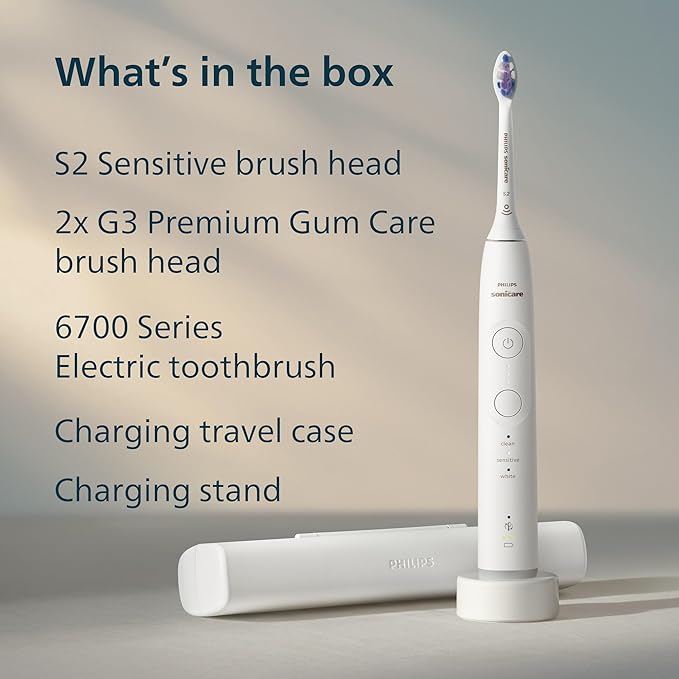 Philips Sonicare 6700 Series Electric Toothbrush - Next-Generation Sonicare Technology, Pressure Sensor, 9 Brushing Settings, SmarTimer, BrushPacer, 21-Day Runtime, Travel Case, White, HX7410/07