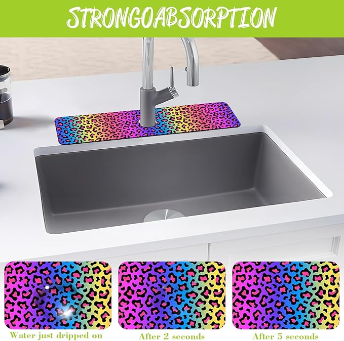Sink Faucet Absorbing Mat Rainbow Colored Leopard Print Sink Splash Guard Drying Mat for Kitchen Bathroom Faucet Sinkmat 23.5"X5.5"